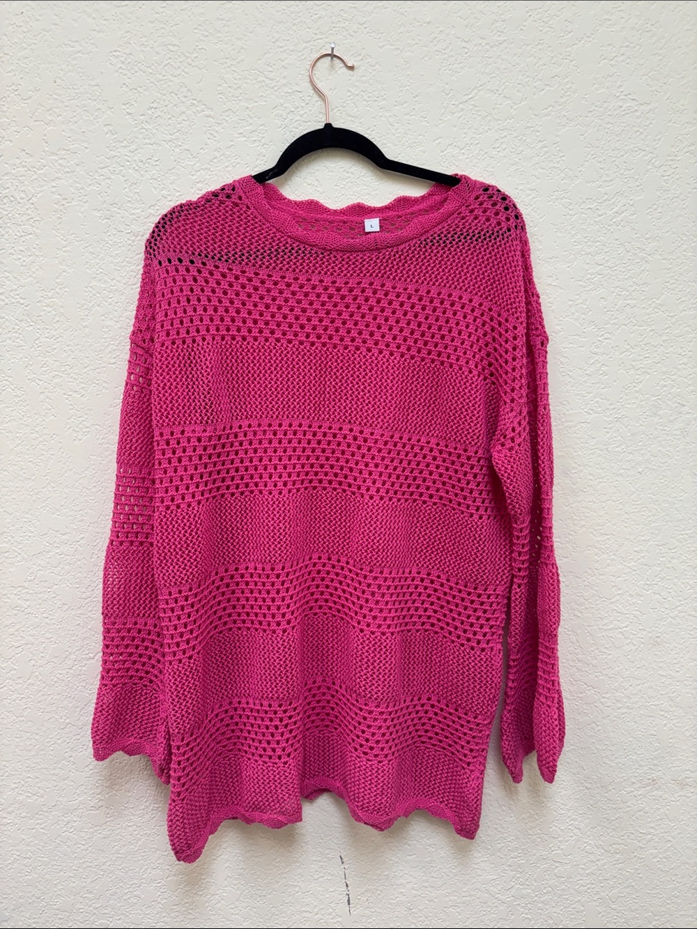 Open-Knit Crewneck Sweater in Bright Pink